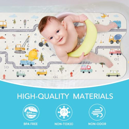SHUCHING Baby Bath Mat for Tub Non Slip-40x16 Inch, Car and Road | Bathtub Mat for Kids & Toddler Mold Free, Long Shower Mat for Inside Shower with Suction Cup, Machine Washable - color: Car and Road