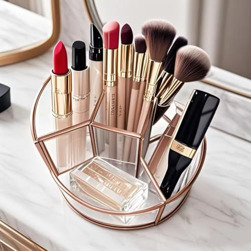 360° Rotate Makeup Brush Holder, Makeup Organizers Countertop, Perfume Tray, Bathroom Organizer and Storage for Eyeliner,Lipstick, Lazy Susan Organizer for Vanity Cabinet Dresser Bathroom (Brass)