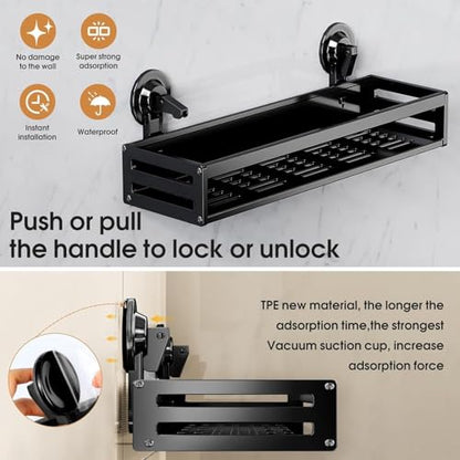 Suction Cup Shower Caddy with 5 Hooks & Towel Rrack 11.8inch Black | No Drilling Shower Organizer with Large Capacity, Rust-resistant Bathroom Organizer, With 2 Backup Suction Cups (2-Pack) - size: 11.8 inches(2-Pack US)