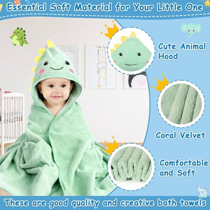 8 Pcs Baby Towel and Washcloths Set, Soft Baby Towels(Elephant & Dinosaur) | 2Pcs 32x32 in Cute Hooded Baby Towels & 6Pcs Baby Washcloths for Infant, Toddler and Kid, Baby Bath Essentials for Boy & Girl - color: Green Elephant & Dinosaur-8pcs