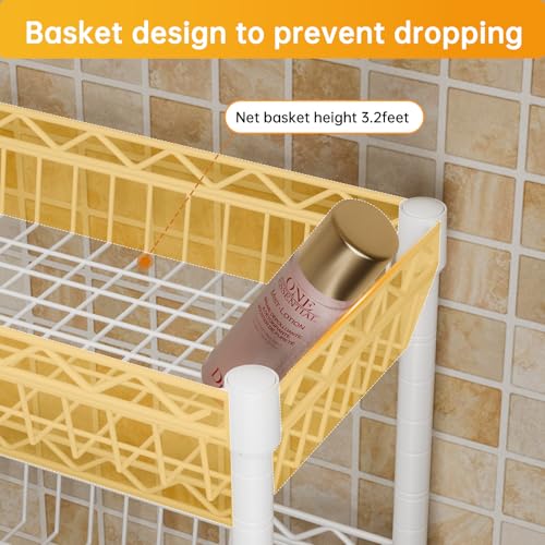 Golpart 3-Tier Over-The-Toilet Storage Shelf,Heavy-Duty Adjustable Bathroom Rack with 2 Mesh Baskets,Toilet Paper Holder & Hooks,Space-Saving Organizer for Bathroom,10”D x 24”W x 66”H,White