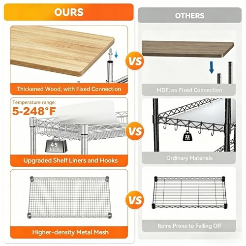 NTE Rolling Kitchen Carts on Wheels, 650Lbs Capacity 3 Tier Utility Cart with Wood Tabletop, Kitchen Storage Cart with 8 Hooks, Metal Serving Cart with Handle and Shelf Liners for Kitchen, Restaurant - color: Wood-silver