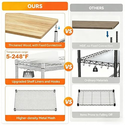 NTE Rolling Kitchen Carts on Wheels, 650Lbs Capacity 3 Tier Utility Cart with Wood Tabletop, Kitchen Storage Cart with 8 Hooks, Metal Serving Cart with Handle and Shelf Liners for Kitchen, Restaurant - color: Wood-silver