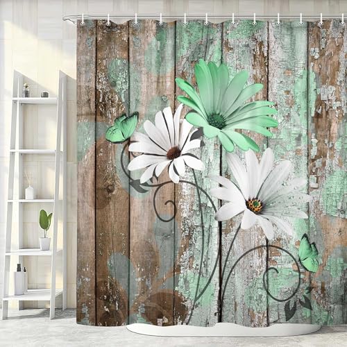 JAWO Farmhouse Flower Floral Shower Curtain, Rustic Green Daisy Shower Curtain Set, Country Green Wild Garden Plant Fabric Shower Curtain with Hooks, Brown Wooden Board Bathroom Curtain, 47x64inch - color: Daisy-green, size: 47"W x 64"L (Pack of 1)
