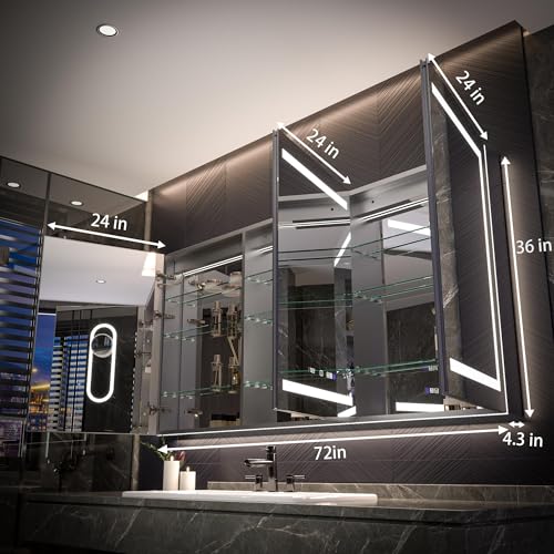 Luxury 72" Wall-Mounted LED Bathroom Medicine Cabinet, Outlets, Anti-Fog | Surface-Mount/Recessed, Double-Sided Mirror Cabinet, 3 Color Temp, DTC Silent-Close Hinges, Adjustable Tempered Glass Shelfs - size: 72"W x 36"H