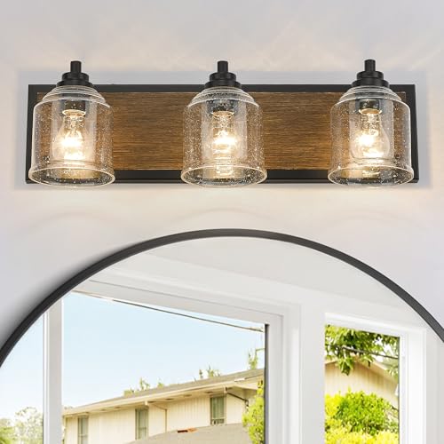23" 3-Light Farmhouse Bathroom Vanity Light with Bubble Glass, Brown | Farmhouse Rustic style, Metal base with hand-painted wood grain, E26 Ceramic Base, UL&ETL Listed, mount up/down, over mirror - color: Brown, size: 3-Light