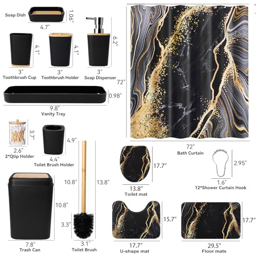 XLHOMO Bathroom Set Bathroom Sets with Shower Curtain and Rugs,Black Bathroom Accessories Set Waterproof Black and Gold Shower Curtain Set - size: Bath Set+Shower Curtain+Bath Rugs, style: Black7
