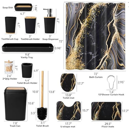 XLHOMO Bathroom Set Bathroom Sets with Shower Curtain and Rugs,Black Bathroom Accessories Set Waterproof Black and Gold Shower Curtain Set - size: Bath Set+Shower Curtain+Bath Rugs, style: Black7