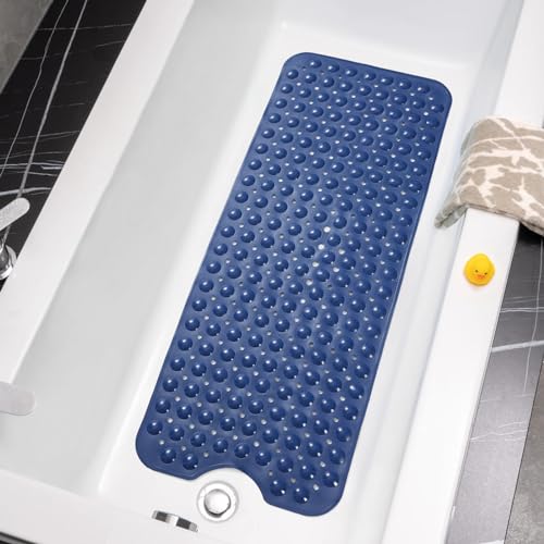 Wirhao Bathtub Mat Non Slip Shower Mat 39×16 Inches Bath Mat for Tub Machine Washable Tub Mat Large for Bathroom with Suction Cups and Drain Holes Blue - color: Navy Blue