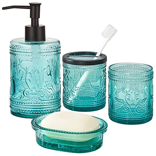 4PCs Teal Blue Glass Bathroom Accessories Set with Decorative Pressed Pattern - Includes Hand Soap Dispenser & Tumbler & Soap Dish & Toothbrush Holder (Bathroom Accessories Blue) - color: Teal Blue
