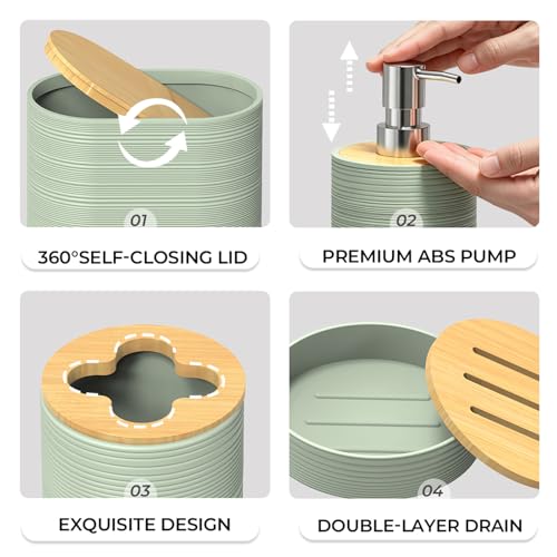 Bathroom Accessory Set, 6-Pcs Green | Trash Can, Soap Dispenser, Toothbrush Holder & Cup, Soap Dish, Toilet Brush - color: Green