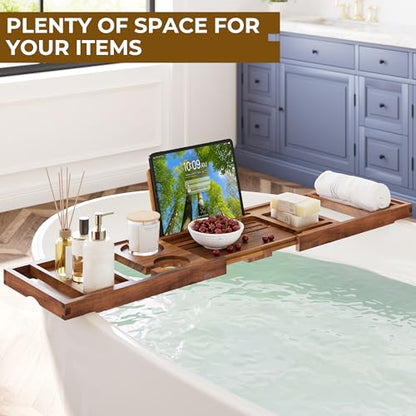 Venusmiles Teak Bathtub Tray Caddy, Foldable Bath Tray with Expandable Handles, Wine Glass and Phone Holders, Book Stand, for Home Spa Relaxation, Luxury Bathroom Accessories - Light Walnut Color - color: Light Walnut