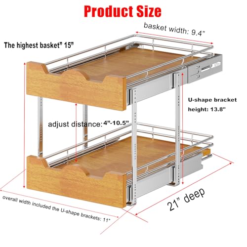 DINDON 2 Tier Pull Out Cabinet Organizer (11" W x 21" D) Slide Out Wood Shelf Organizers Double Tier Kitchen Wire Basket with Chrome Finish… - size: 11'' W X 21'' D