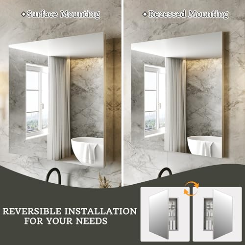 24 x 26 in Medicine Cabinet with Mirror and Side Panels, Silver | Surface or Recessed Medicine Cabinet Mirror with Storage, Adjustable Shelves, Aluminum Alloy Frame, Assembly Required - size: 24''x26"