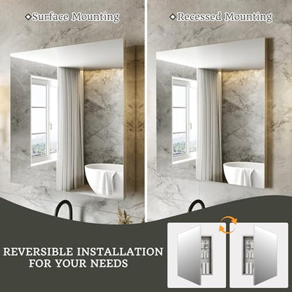 24 x 26 in Medicine Cabinet with Mirror and Side Panels, Silver | Surface or Recessed Medicine Cabinet Mirror with Storage, Adjustable Shelves, Aluminum Alloy Frame, Assembly Required - size: 24''x26"