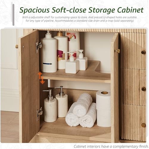 T4TREAM 36" Fluted Bathroom Vanity with Single Sink, Natural Oak | Integrated Ceramic Sink, Large Storage Cabinet, Adjustable Shelf, 3 Drawers, Three pre-drilled faucet holes, Mid-Century - color: Natural Oak, size: 36" (Single Sink)