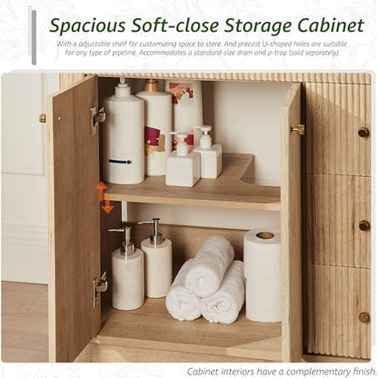 T4TREAM 36" Fluted Bathroom Vanity with Single Sink, Natural Oak | Integrated Ceramic Sink, Large Storage Cabinet, Adjustable Shelf, 3 Drawers, Three pre-drilled faucet holes, Mid-Century - color: Natural Oak, size: 36" (Single Sink)