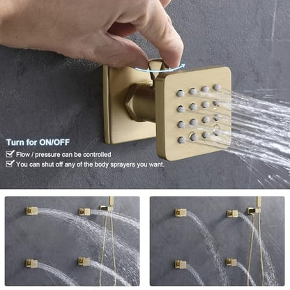 ENGA Dual Rain LED Shower System, 14"x20" Large Shower Head + 6" Wall Shower, 4 Body Jets with Individual On/Off & Adjustable Water Pressure, Rainfall Shower Faucet Set, Brushed Gold - color: Brushed Gold, style: 14X20" Led Shower - Body Jets