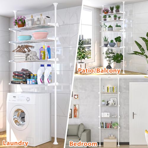 4-Tier Over The Toilet Storage Shelf, 4.5-9.5 FT Adjustable Bathroom Organizer, Heavy Duty Metal Shelves Above Behind Toilet Laundry, Space-Saving Shelving for Small Rooms, No Drill, White - color: White