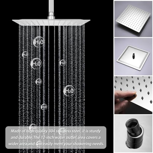 Chrome Shower System Tempreature Display Shower Fuacet Set | 12 inch and 8 inch Full Body Shower Head, with 6 PCS Body Jet and Handheld Spray - color: Chrome, size: 12+8 inch