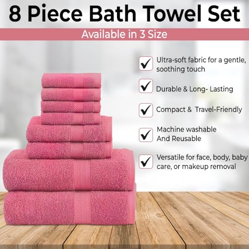 QUBA LINEN Pack of 8 Towels Set, 2 Large Bath Towels, 2 Hand Towels, 4 Wash Cloths, 100% Cotton, Lighter Weight, Quicker to Dry, Super Absorbent, Perfect for Bathroom (Pink) - color: Pink