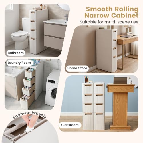Byroce 4-Tier Narrow Storage Cabinet with Wheels, Slim Rolling Plastic Drawer Organizer with Removable Dividers, Skinny Storage Cart for Small Spaces, Bathroom & Kitchen (1PC, 4-Drawer), Beige - size: 4-Drawer