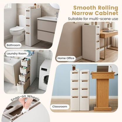 Byroce 4-Tier Narrow Storage Cabinet with Wheels, Slim Rolling Plastic Drawer Organizer with Removable Dividers, Skinny Storage Cart for Small Spaces, Bathroom & Kitchen (1PC, 4-Drawer), Beige - size: 4-Drawer