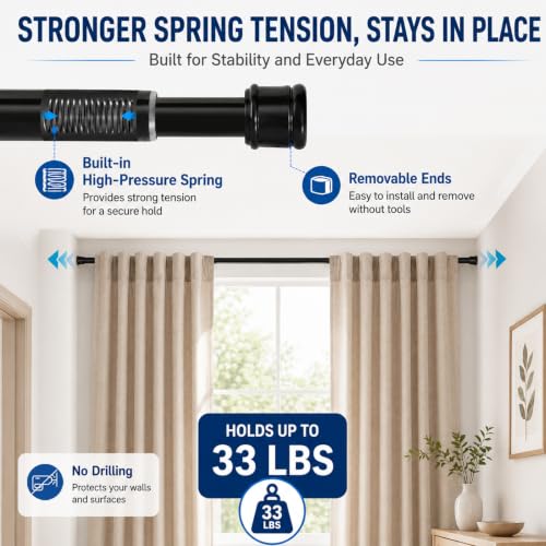 No Sectional Assembly Tension Curtain Rod 56-104 Inch | 1" Diameter Spring Long Adjustable Shower Curtain Rods for Bathroom Windows Closet No Drilling No Rust, Black - color: Black, size: 56-104Inch, No Assembly