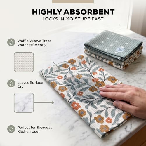 Kitchen Towels, Dish Towels for Kitchen, 2 Pc Kitchen Towel Set | Microfiber Waffle Towels, 16 x 26 inches, with Hanging Loops, Reusable Tea Towels, Cute Kitchen Towels - 2 Pack - color: Green Floral and Dots