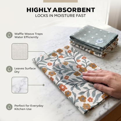 Kitchen Towels, Dish Towels for Kitchen, 2 Pc Kitchen Towel Set | Microfiber Waffle Towels, 16 x 26 inches, with Hanging Loops, Reusable Tea Towels, Cute Kitchen Towels - 2 Pack - color: Green Floral and Dots