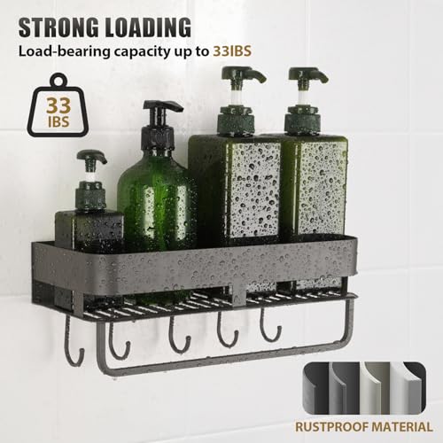 Extended version Adhesive Shower Caddy, 15.7 inch Stainless Steel Shower Shelves for Inside Shower with Hooks & Towel Bar-No Drilling(Gun Gray) - size: 15.7inch-1Pack-Adhesive Gun Gray