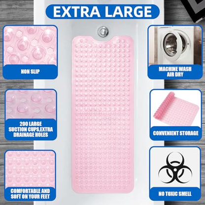 MOONFLY Shower and Bathtub Mat,40x16 Inches,Extra Long Non Slip Mats with Suction Cups and Drain Holes, Machine Washable and Anti Slip Bathmats, Bathroom Mats for Tub Nonslip (Clear Pink) - color: Clear Pink