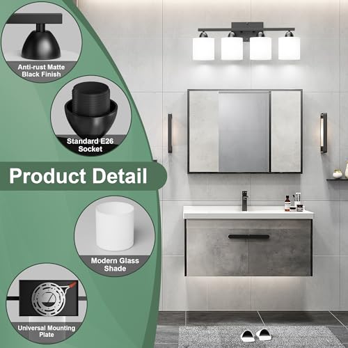 Black Bathroom Lighting Fixtures Over Mirror, 4-Light Anti-Rust Vanity Light for Bathroom, 24Inches Modern Wall Sconce, Standard E26 Base, Milky White Glass Shades, Bulbs Not Included - color: Black-4Light
