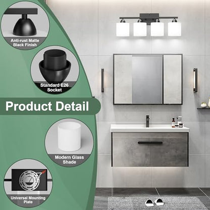 Black Bathroom Lighting Fixtures Over Mirror, 4-Light Anti-Rust Vanity Light for Bathroom, 24Inches Modern Wall Sconce, Standard E26 Base, Milky White Glass Shades, Bulbs Not Included - color: Black-4Light