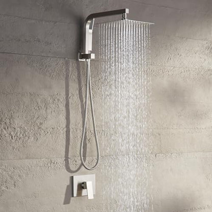 Shower Faucet Set with Rain Shower Heads with Handheld Spray,Brushed Nickel | 10-inch rainhead, 3-way diverter, all matal handshower with hose, brass pressure balancing shower valve, wall-mount - color: Brushed Nickel