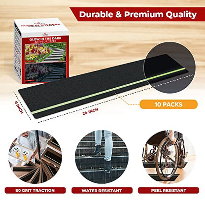 Outdoor Non-Slip Stair Treads With Glow Stripe, High-Traction Grip Tape | 10 Pack, 6 x 24 Inches, Outdoor Use, Grit Non-Skid Surface, Abrasive Adhesive, High-Friction Design, Weather Resistant - size: Glow in Dark, style: 10 Pack