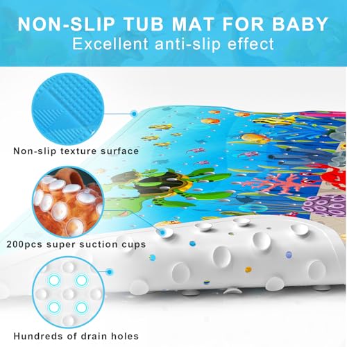 Baby Bath Mat for Tub Non Slip Kids, BPA Free Extra Long Bathtub Mat 40x16 with Drain Holes and 200 Suction Cups, Non Toxic Machine Washable Toddler Bath Mat, No Fading, Turtle - color: U-turtle 2