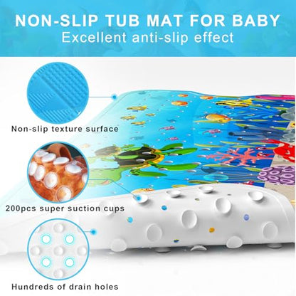 Baby Bath Mat for Tub Non Slip Kids, BPA Free Extra Long Bathtub Mat 40x16 with Drain Holes and 200 Suction Cups, Non Toxic Machine Washable Toddler Bath Mat, No Fading, Turtle - color: U-turtle 2