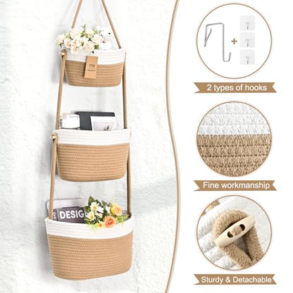 Hanging Storage Baskets, Over the Door Basket, Detachable Hanging Door Basket with 4 Hooks, Over the Door Organizer Nursery for Bedroom, Living Room