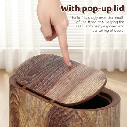 WLLHYF Bathroom Trash Can with Pop-Up Lid Lids Small Garbage Bin Plastic Marble Wood Pattern Trashcans Removable Liner Bucket Wastebasket Modern Narrow Waste Basket for Home Kitchen Bedroom Office