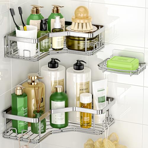 MAXIFFE 3 Pack X-Large Corner Shower Caddy with Soap Holder, Large Capacity Sturdy Easy Install No Drilling Stainless Steel Hold 40 LB Shower Organizer Shelves Rack for Family Renters Bathroom, Silver - color: Silver XL