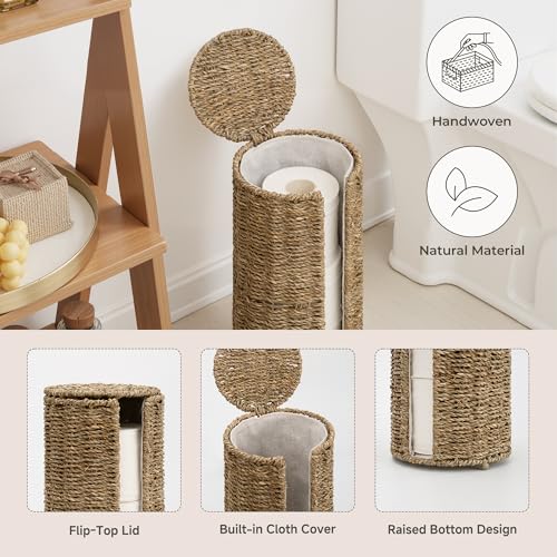 StorageWorks Seagrass Free Standing Toilet Paper Holder Stand for Bathroom, 3 Rolls of Toilet Tissue Storage with a Built-in Cloth Lining, Toilet Roll Holder Stand with Lid | 3 Rolls of Toilet Tissue Storage with a Built-in Cloth Lining, Toilet Roll Holde