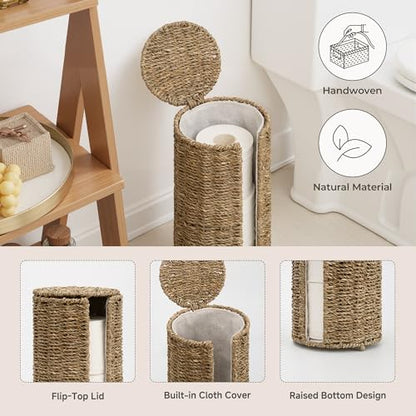 StorageWorks Seagrass Free Standing Toilet Paper Holder Stand for Bathroom, 3 Rolls of Toilet Tissue Storage with a Built-in Cloth Lining, Toilet Roll Holder Stand with Lid | 3 Rolls of Toilet Tissue Storage with a Built-in Cloth Lining, Toilet Roll Holde