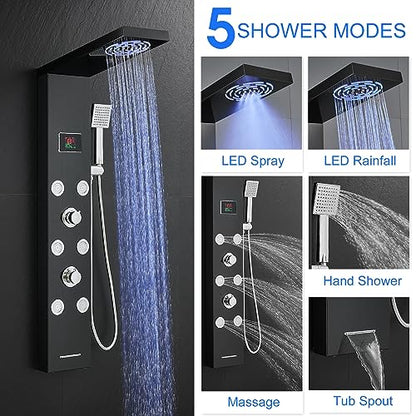 LED Rainfall Shower Tower System, Stainless Steel Hydroelectric Shower Panel Tower System (No battery need) with 6 Pcs Body Jets, Black - color: Black - 6 Body Jets