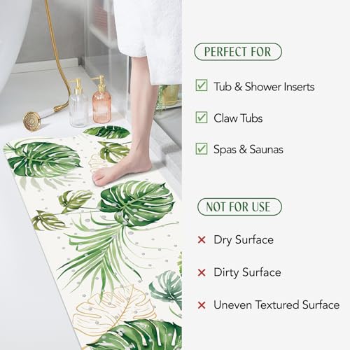 SHUCHING Green Bath Mat for Tub Non Slip-40x16 Inch, Leaves | Bathtub Mat for Women & Elderly Mold Free, Long Shower Mat for Inside Shower with Suction Cup, Machine Washable - color: Tropical Leaves