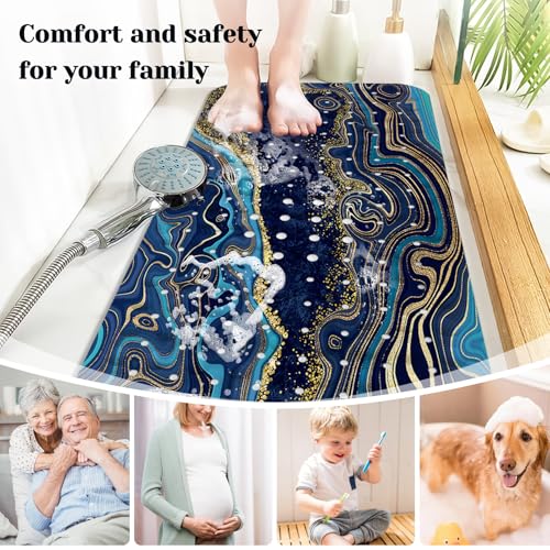 Marble Bath Tub Mat Non Slip, Blue Geometric Marble Non Slip Bath Mat for Shower, Large Washable Shower mats for Showers with Drain Holes and Suction Cups,40 X 16 Inch - color: Blue Geometric Marble