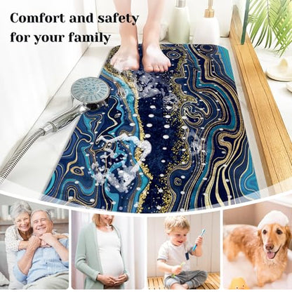 Marble Bath Tub Mat Non Slip, Blue Geometric Marble Non Slip Bath Mat for Shower, Large Washable Shower mats for Showers with Drain Holes and Suction Cups,40 X 16 Inch - color: Blue Geometric Marble
