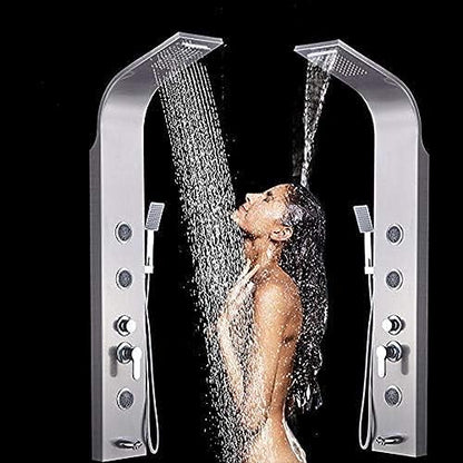 Brushed Nickel Bath Shower Panel Rainfall Waterfall Tower Shower Column with Body spa Massage Jets Spray Nozzle tub Faucet spout