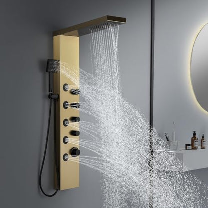 ROVATE 4-in-1 Rainfall Waterfall Shower Panel Tower System, Brushed Gold | Shower Column with Body Massage Jets and Handheld, Stainless Steel High Pressure, Use Multiple Functions Simultaneously - color: Brushed Gold