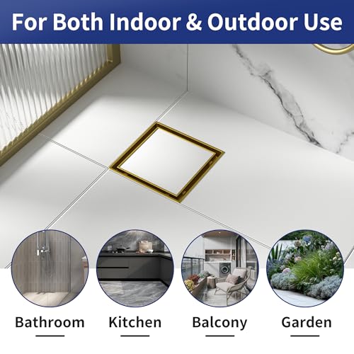 Square Shower Drain, 304 Stainless Steel Floor Drain 6" | with Tiled Insert Grate & Hair Strainer, Bathroom 2-in-1 Tiled in Drain, CUPC Certified - color: Brushed Gold, size: 6''
